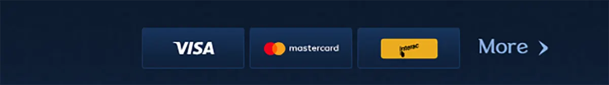 Online casino payment options showing Visa, Mastercard and Paysafecard logos with a “More” option for additional payment methods.